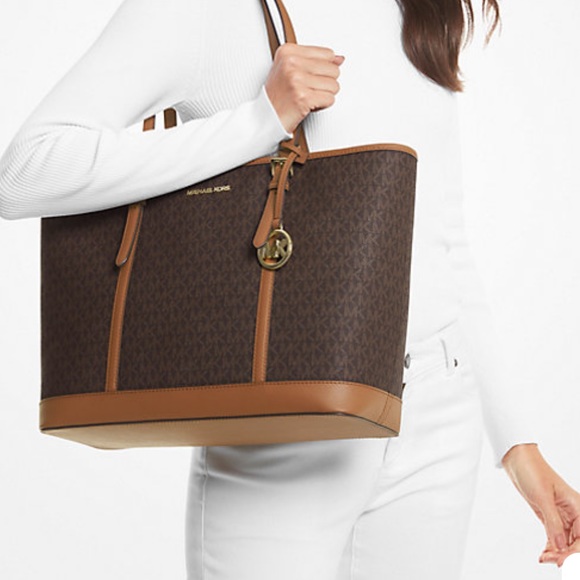 MICHAEL KORS 
Jet Set Travel Large Logo Tote Bag BROWN/BLACK SIGNATURE C… - Picture 2 of 15